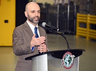 Robert A. Lantka II, deputy to the commander of Tobyhanna Army Depot, speaks during a ribbon-cutting ceremony May 2 at the Pennsylvania installation. The ceremony celebrated the completion of a modernization project for the U.S. Army Medical Materiel Agency’s Medical Maintenance Operations Division at Tobyhanna. (Photo Credit: C.J. Lovelace)