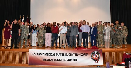Attendees of a Medical Logistics Summit at the U.S. Army Medical Materiel Center-Korea April 29-30 pose for a group photo at the conclusion of the event. The two-day summit helps synchronize MEDLOG and readiness efforts across the Korean Peninsula. (Courtesy)