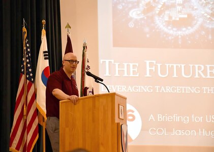 Col. Jason Hughes, commander of the 6th Medical Logistics Management Center, speaks during a Medical Logistics Summit, held April 29-30 at the U.S. Army Medical Materiel Center-Korea. The two-day summit helps synchronize MEDLOG and readiness efforts across the Korean Peninsula. (Courtesy)