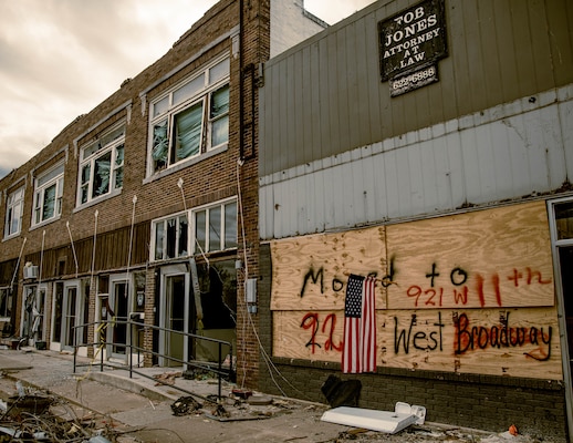 Structural damage in Sulphur, Oklahoma, May 9, 2024. Members of the Oklahoma National Guard are mobilized and supporting disaster relief efforts at the Murray County Expo Center in Sulphur, following an EF3 tornado striking the town on April 27, 2024. (Oklahoma National Guard photo by Sgt. Haden Tolbert)