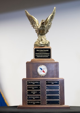 A mid-size trophy with a wooden base, ten small plaques, and a golden eagle on top