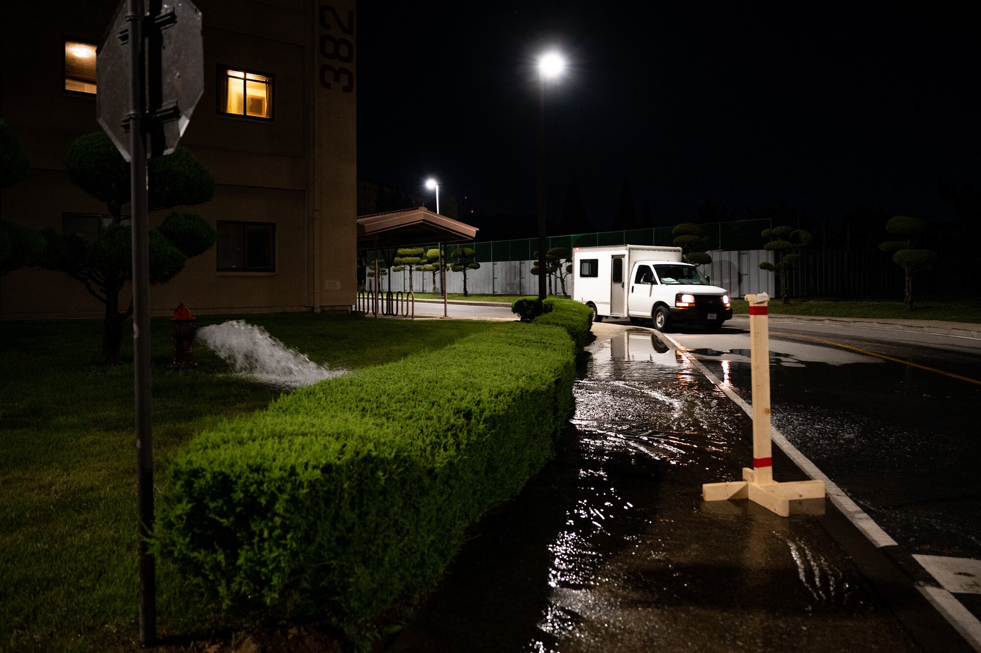 U.S. Air Force Airmen assigned to the 51st Civil Engineer Squadron arrive to repair a damaged fire hydrant after a simulated missile attack during Beverly Herd 24-1 at Osan Air Base, Republic of Korea, May 13, 2024. The Airmen of the 51st Fighter Wing continuously train to maintain the high level of full-spectrum readiness required to execute the mission proficiently and effectively. Routine training like Beverly Herd are pivotal platforms for 51st FW Airmen to refine their warfighting  proficiencies through practical application, concurrently enhancing their ability to respond skillfully to contingencies. (U.S. Air Force photo by Senior Airman Brittany Russell)