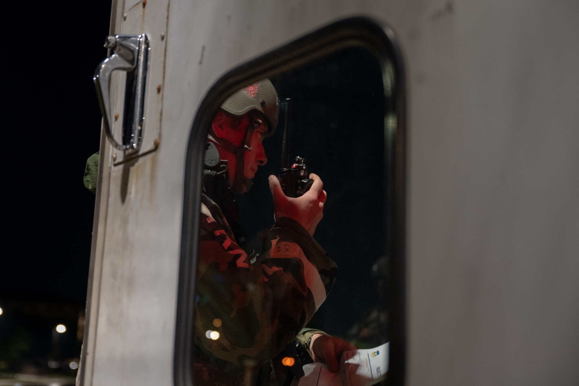 A U.S. Air Force Airman assigned to the 51st Civil Engineer Squadron transmits an ‘all clear’ radio message after repairing a damaged fire hydrant caused by a simulated missile attack during Beverly Herd 24-1 at Osan Air Base, Republic of Korea, May 13, 2024. The Airmen of the 51st Fighter Wing continuously train to maintain the high level of full-spectrum readiness required to execute the mission proficiently and effectively. Routine training like Beverly Herd are pivotal platforms for 51st Fighter Wing Airmen to refine their warfighting proficiencies through practical application, concurrently enhancing their ability to respond skillfully to contingencies. (U.S. Air Force photo by Senior Airman Brittany Russell)