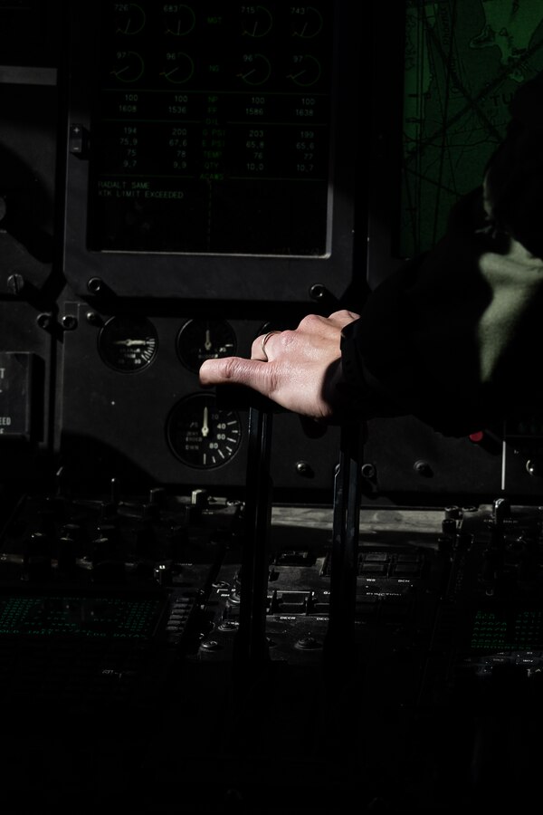 U.S. Marine Corps Lt. Col. Courtney O’Brien, commanding officer of Marine Aerial Refueler Transport Squadron (VMGR) 352, Marine Aircraft Group 11, 3rd Marine Aircraft Wing, controls the speed of a KC-130J Super Hercules during a division flight, over Southern California, April 25, 2024. O’Brien commanded the division flight, serving as flight lead for two sections of KC-130J Super Hercules aircraft for the final time before her retirement this year after 20 years of faithful service. (U.S. Marine Corps photo by Lance Cpl. Samantha Devine)