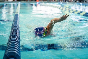A Special Olympics Mississippi athlete finishes her 100-meter individual medley relay at the Biloxi Natatorium, Biloxi, Mississippi, May 11, 2024.