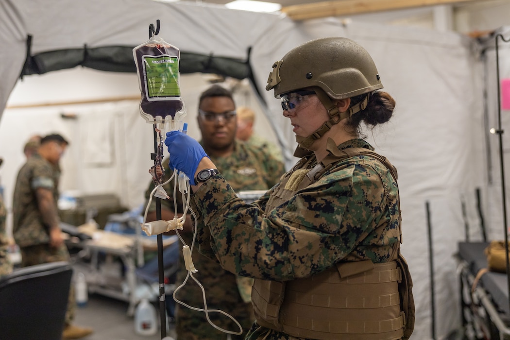 U.S. Navy Petty Officer 2nd Class Alexis Carrillo, a Reno, Nevada native and laboratory technician with 1st Medical Battalion, 1st Marine Logistics Group, sets up an intravenous line of donor blood during an Emergency Fresh Whole Blood Transfusion Program on Camp Pendleton, California, March 27, 2024. The purpose of this training is to qualify medical personnel in emergency fresh whole blood transfusion procedures and enhance the skill set needed to collect and transfuse blood into a patient during emergency situations. (U.S. Marine Corps photo by Lance Cpl. Deja Rogers)