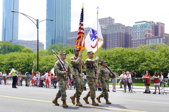 85th U.S. Army Reserve Support Command color guard team marches in Chicago’s 133rd Polish Constitution Day Parade, May 4, 2024.