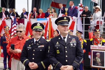 U.S. Army Reserve Capt. Matthew Wisniewski, left, and Master Sgt. Brad Tomasheski, 85th U.S. Army Reserve Support Command, participate in Chicago’s 133rd Polish Constitution Day Parade as honored guests, May 4, 2024.