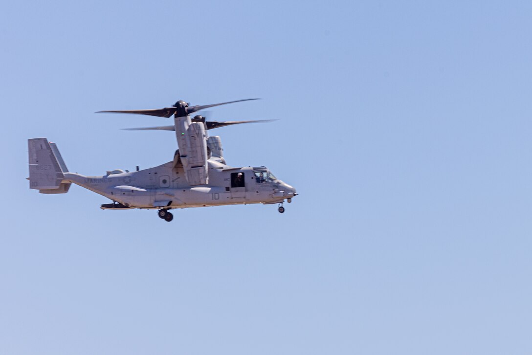 A U.S. Marine Corps MV-22B Osprey assigned to Marine Medium Tiltrotor Squadron 268 (Reinforced), Marine Rotational Force – Darwin 24.3, prepares to land on the flightline of Royal Australian Air Force Base Darwin, NT, Australia, May 11, 2024. The Ospreys were flown from Port Darwin to the RAAF Base Darwin, where they will be hosted for the duration of the rotation. VMM-268 (Rein.) makes up the Aviation Combat Element, out of Marine Corps Air Station Kaneohe Bay, Hawaii, completing the structure of the MAGTF with the arrival of 10 MV-22B Ospreys. (U.S. Marine Corps photo by Cpl. Juan Torres)