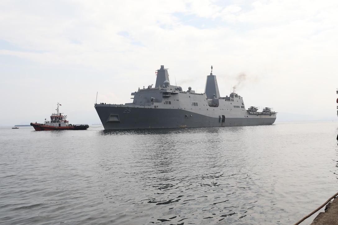 Amphibious transport dock ship USS Somerset (LPD-25) arrives at Panjang Port, in Bandar Lampung, Indonesia, for Cooperation Afloat Readiness and Training (CARAT) Indonesia 2024, May 12, 2024. This year marks the 30th iteration of CARAT, a multinational exercise series designed to enhance U.S. and partner navies' abilities to operate together in response to traditional and non-traditional maritime security challenges in the Indo-Pacific region. (U.S.Navy photo by Mass Communication Specialist 3rd Class Brett Anderson)