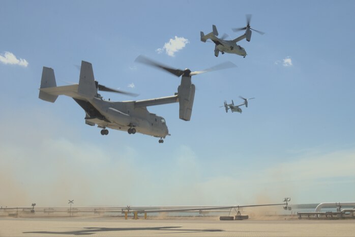 MRF-D 24.3: MV-22B Opsreys take off for first flight of MRF-D 24.3 rotation