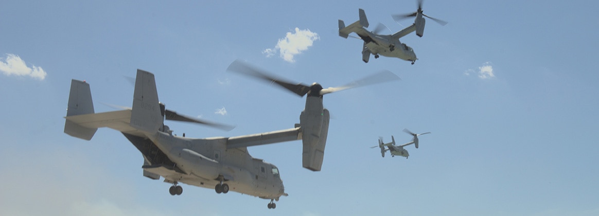 240511-M-OP418-1068 DARWIN, NT, Australia (May 11, 2024) U.S. Marine Corps MV-22B Ospreys assigned to Marine Medium Tiltrotor Squadron 268 (Reinforced), Marine Rotational Force – Darwin 24.3, take off for the first flight of the MRF-D 24.3 rotation at Port Darwin, Darwin, NT, Australia, May 11, 2024. The Ospreys were flown from Port Darwin to Royal Australian Air Force Base Darwin, where they will be hosted for the duration of the rotation. VMM-268 (Rein.) makes up the Aviation Combat Element, out of Marine Corps Air Station Kaneohe Bay, Hawaii, completing the structure of the MAGTF with the arrival of 10 MV-22B Ospreys. (U.S. Marine Corps photo by 1st Lt. Colton Martin)