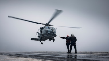 ATLANTIC OCEAN (May 11, 2024) An MH-60R Sea Hawk helicopter attached to Helicopter Maritime Strike Squadron (HSM) 46 lands on the flight deck of Nimitz-class aircraft carrier USS George Washington (CVN 73) in the Atlantic Ocean, May 11, 2024.