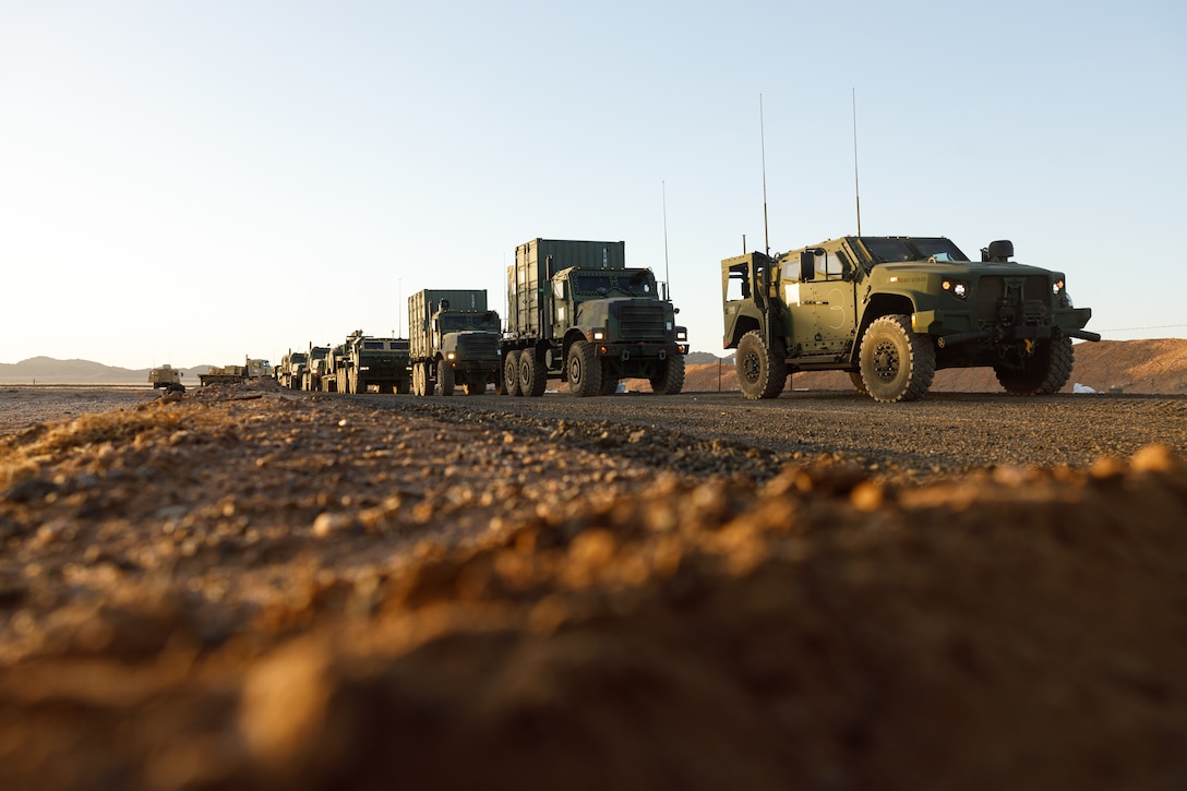 U.S. Marines and Sailors with 2nd Distribution Support Battalion, Combat Logistics Regiment 2, 2nd Marine Logistics Group, 4th Law Enforcement Battalion, Force Headquarters Group, U.S. Marine Corps Forces Reserve, Army Soldiers with 541st Division Sustainment Support Battalion, Sustainment Brigade, 1st Infantry Division, and members of the Royal Saudi Armed Forces, conduct a long-range convoy during exercise Native Fury 24 throughout the Kingdom of Saudi Arabia, May 8, 2024. Exercise Native Fury 24 is a key multi-lateral exercise sponsored by U.S. Central Command and executed by U.S. Marine Corps Forces Central Command in collaboration with the Kingdom of Saudi Arabia and the United Arab Emirates. This iteration emphasizes the strategic use of logistics and leverage the extensive network of roads and infrastructure across the Arabian Peninsula. (U.S. Marine Corps photo by Cpl. Mary Kohlmann)