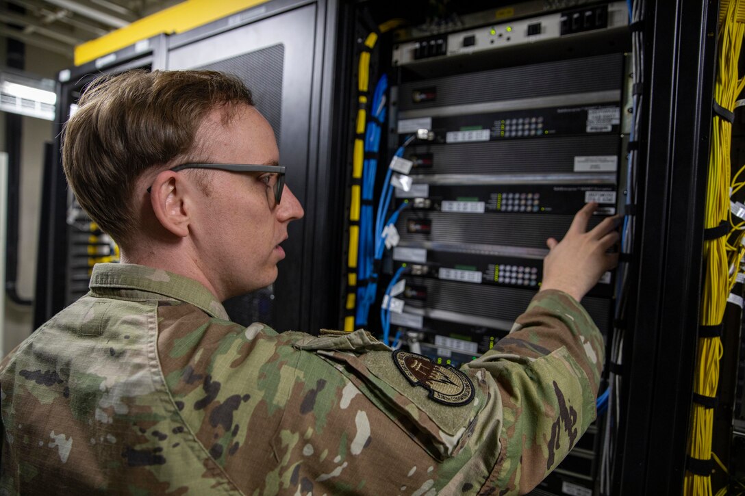 U.S. Air Force Tech. Sgt. Joseph Fredrick Jr, a cyber defense operations airman with 374th Communications Squadron Operating Location Bravo, 374th Communications Squadron, 374th Mission Support Group, and a native of California, performs a system alarm check at Marine Corps Air Station Iwakuni, Japan, April 19, 2024. 374th Communications Squadron Operating Location Bravo won the 2023 Defense Information Systems Agency (DISA), Defense Information Systems Network (DISN), Category II Medium Transmission Facility of the Year for exemplary accomplishments, performance, and contributions made to enhance the Department of Defense Information Network.(U.S. Marine Corps photo by Lance Cpl. David Getz)