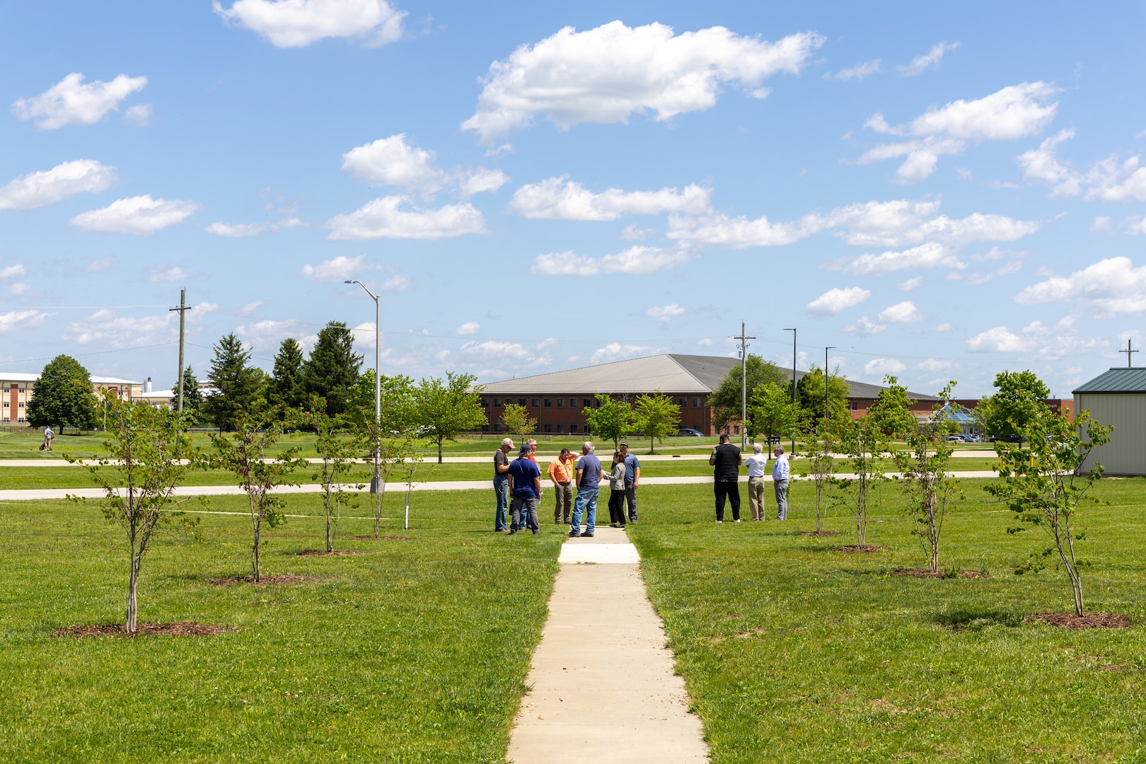 A group of people are seen in the middle of a path surrounded by newly planted trees. They are shown at an angle from far away.