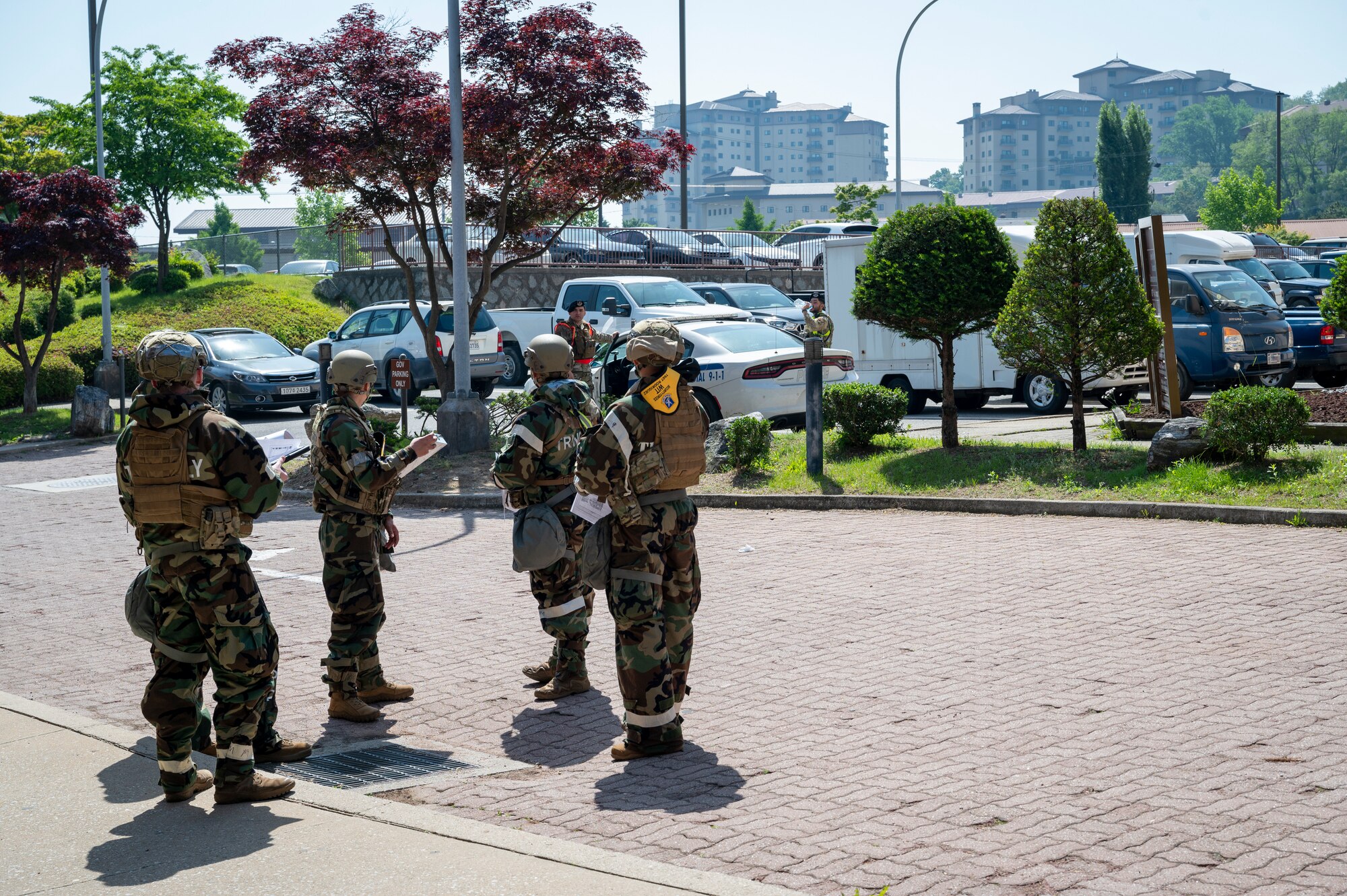 U.S. Air Force wing inspection team members with the 51st Fighter Wing prepare for a simulated attack scenario during Beverly Herd 24-1 at Osan Air Base, Republic of Korea, May 14, 2024. During BH 24-1, WIT members focus on evaluating service members’ performances on specific scenarios and provide constructive feedback to improve combat readiness. Routine training events like Beverly Herd are pivotal platforms for 51st Fighter Wing Airmen to refine their warfighting proficiencies through practical application, concurrently enhancing their ability to respond skillfully to contingencies. (U.S. Air Force photo by Senior Airman Sabrina Fuller-Judd)