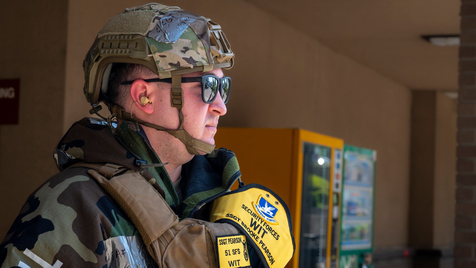 U.S. Air Force Staff Sgt. Brooke Pearson, 51st Security Forces Squadron wing inspection team member, evaluates personnel amid a simulated attack scenario during Beverly Herd 24-1 at Osan Air Base, Republic of Korea, May 14, 2024. The WIT provides feedback during simulated scenarios to enable service members to proficiently execute the mission and prepare for contingency operations. During BH 24-1, base personnel demonstrated their ability to navigate various attack scenarios while launching and recovering aircraft during 24-hour flying operations, validating the 51st Fighter Wing’s readiness and response against any adversary. (U.S. Air Force photo by Senior Airman Sabrina Fuller-Judd)