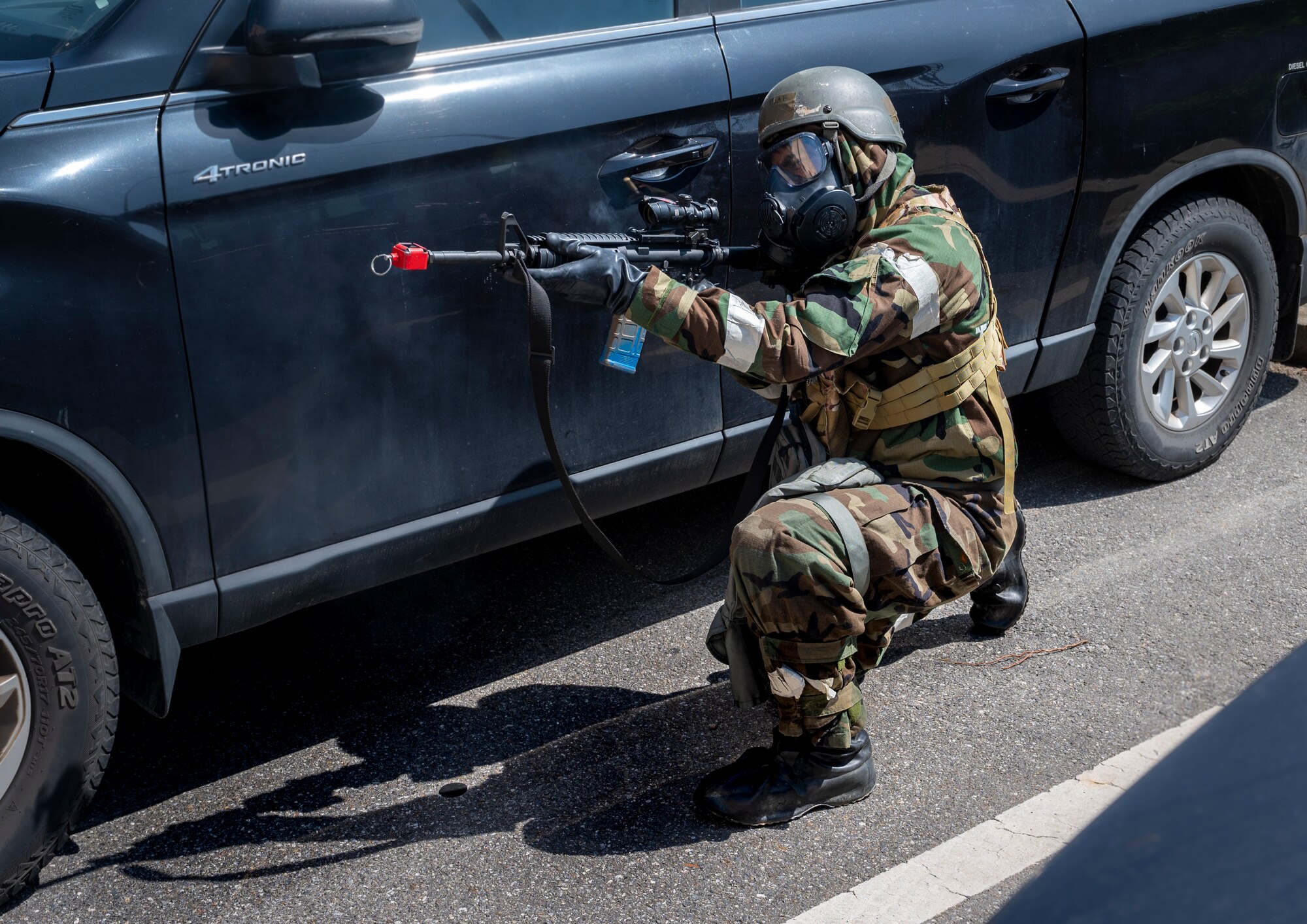 A U.S. Air Force Airman assigned to the 51st Communications Squadron fires a blank weapon in a simulated attack scenario during Beverly Herd 24-1 at Osan Air Base, Republic of Korea, May 14, 2024. During BH 24-1, 51st CS Airmen practiced skills such as compliance tactics, safe weapons handling and radio communications. Training is conducted throughout the year to generate combat airpower at a moment’s notice, affirming the commitment to the ROK remains ironclad and ensures regional stability throughout the U.S. Indo-Pacific Command. (U.S. Air Force photo by Senior Airman Sabrina Fuller-Judd)