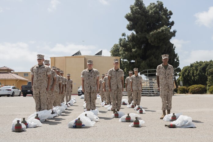 vU.S. Marine Corps recruits with Bravo Company, 1st Recruit Training Battalion, wait during a post exchange and haircut call at Marine Corps Recruit Depot San Diego, California, May 8, 2024. Recruits are allowed to go to the PX to purchase necessary supplies and receive haircuts weekly during their time at MCRD San Diego in order to maintain a uniform appearance and promote good hygiene throughout recruit training. (U.S. Marine Corps photo by Lance Cpl. Janell B. Alvarez)