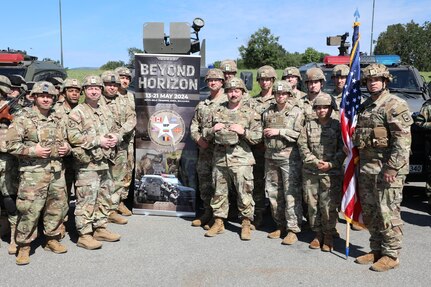 Tennessee Guardsmen from Athens’ 117th Military Police Battalion and Murfreesboro’s 269th Military Police Company pose for a group photograph following the opening ceremony for Beyond Horizon 2024, a multinational training exercise held at Bulgaria’s Novo Selo Training Site, May 14, 2024. These Soldiers will train with military police from Bulgaria, Canada, Greece, North Macedonia and Romania.