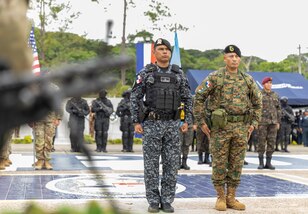 Panamanian Commissioner Javier Sanchez (left), Chief of Joint Task Force 2024, and Deputy Commissioner Rory Guillermo request permission to start Fuerzas Comando 24 (FC24) during the opening ceremony in Cerro Tigre, Panama, May 13, 2024.
