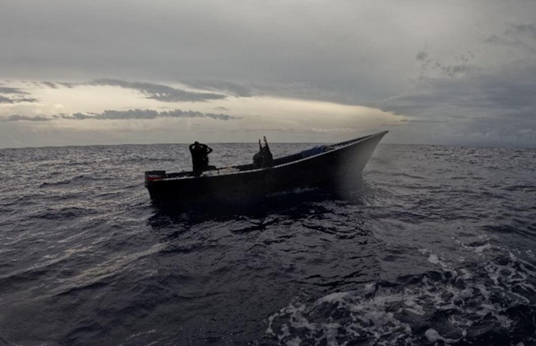 Coast Guard Cutter Joseph Doyle interdicts a makeshift vessel with four suspected smugglers near Puerto Rico, May 3, 2024.  The four men are Dominican Republic nationals, who are facing federal criminal charges for smuggling wildlife from the United States and Lacey Act trafficking. (U.S. Coast Guard photo)