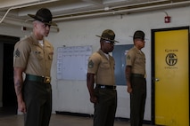 U.S. Marine Corps drill instructors with Golf Company, 2nd Recruit Training Battalion, conduct a mock pick-up demonstration for educators from Recruiting Stations Dallas, Fort Worth, Phoenix and San Antonio as part of the 2024 Educators Workshop at Marine Corps Recruit Depot San Diego, California, May 7, 2024. Participants of the workshop visited MCRD San Diego to observe recruit training and gain a better understanding about the transformation process recruits undergo to United States Marines. Educators also received classes and briefs on the benefits that are provided to service members in the United States armed forces. (U.S. Marine Corps photo by Lance Cpl. Jacob B. Hutchinson)
