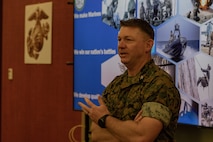 U.S. Marine Corps Col. Charles Von Bergen, the chief of staff of Marine Corps Recruit Depot San Diego and the Western Recruiting Region, welcomes educators from Recruiting Stations Dallas, Fort Worth, Phoenix and San Antonio as part of the 2024 Educators Workshop at MCRD San Diego, California, May 7, 2024. Participants of the workshop visited MCRD San Diego to observe recruit training and gain a better understanding about the transformation process recruits undergo to become United States Marines. Educators also received classes and briefs on the benefits that are provided to service members in the United States armed forces. (U.S. Marine Corps photo by Lance Cpl. Jacob B. Hutchinson)