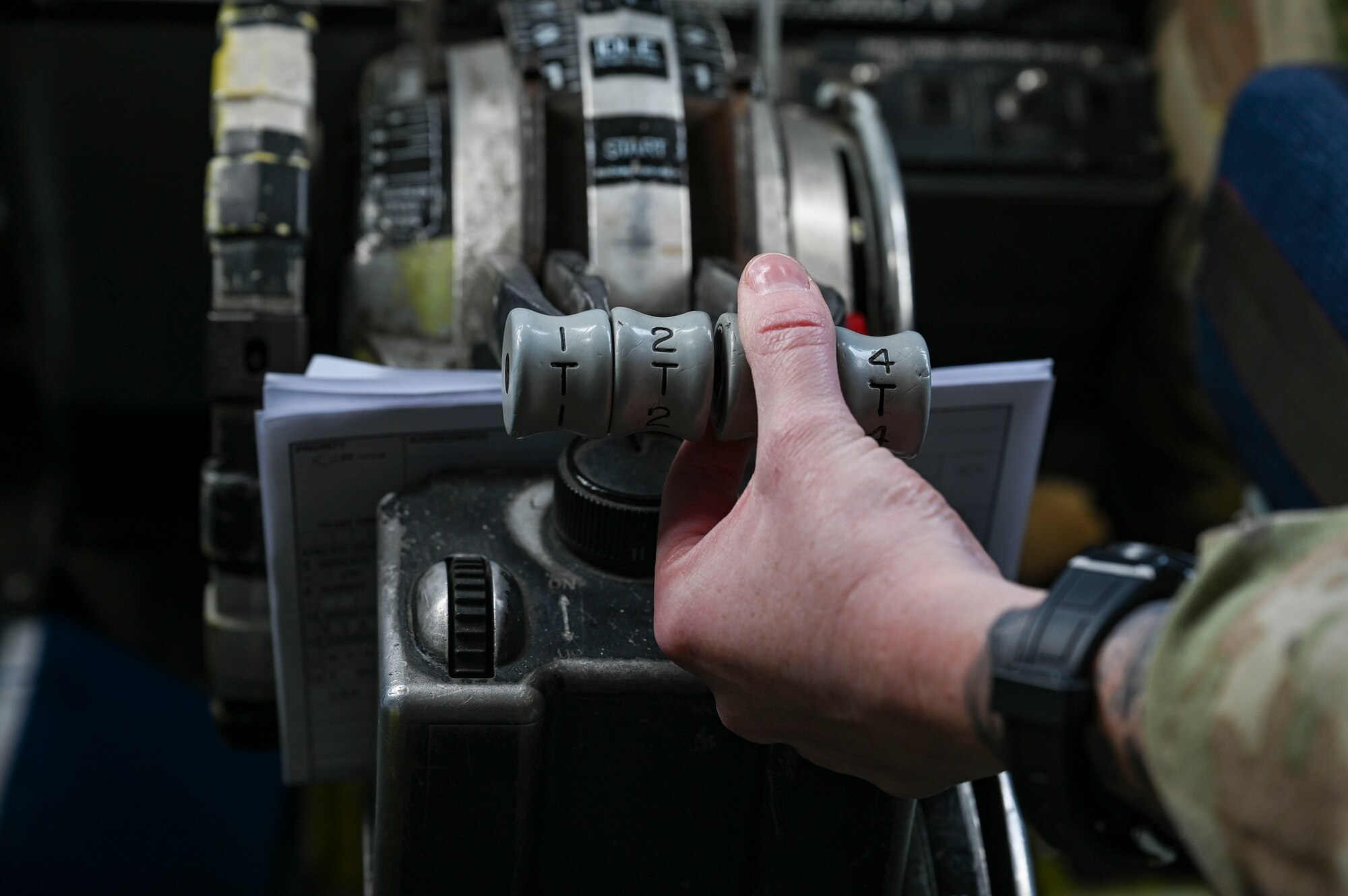 A pilot starts the engines of a KC-135 Stratotanker.