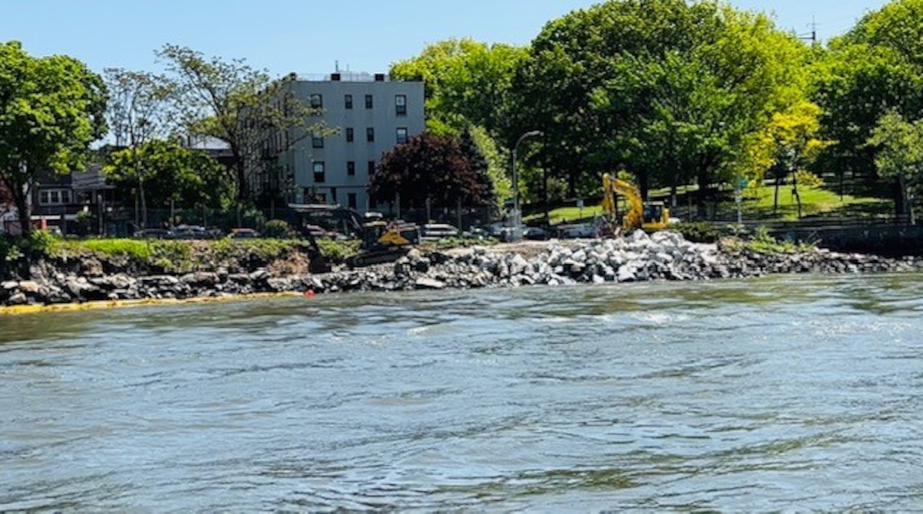 New York District hosts Environmental Justice Program Manager on a boat tour of the New York/New Jersey Harbor and Tributaries Study area. Second pic below is an area with rock being added to the shoreline to prevent further erosion to protect the complex behind it.