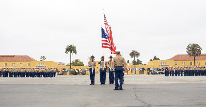 U.S. Marines with the Marine Corps Recruit Depot San Diego Color Guard, present the colors during the Kilo Company graduation ceremony at MCRD San Diego, California, May 10, 2024. Graduation takes place at the end of the 13-week transformation process, which includes training for drill, marksmanship, basic combat skills, and Marine Corps customs and traditions. (U.S. Marine Corps photo by Lance Cpl. Janell B. Alvarez)