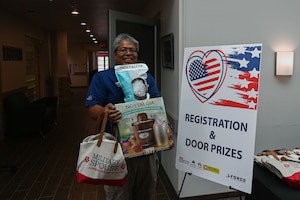 Edwin Escalera, 17th Force Support Squadron recreation camp manager, holds prizes that he won at Military Spouse Resiliency & Wellness Day at the Powell Event Center, Goodfellow Air Force Base, Texas, May 10, 2024. Escalera was one of the many door prize winners at the Military Spouse Resiliency & Wellness Day. (U.S. Air Force photo by Airman 1st Class Brian Lummus)
