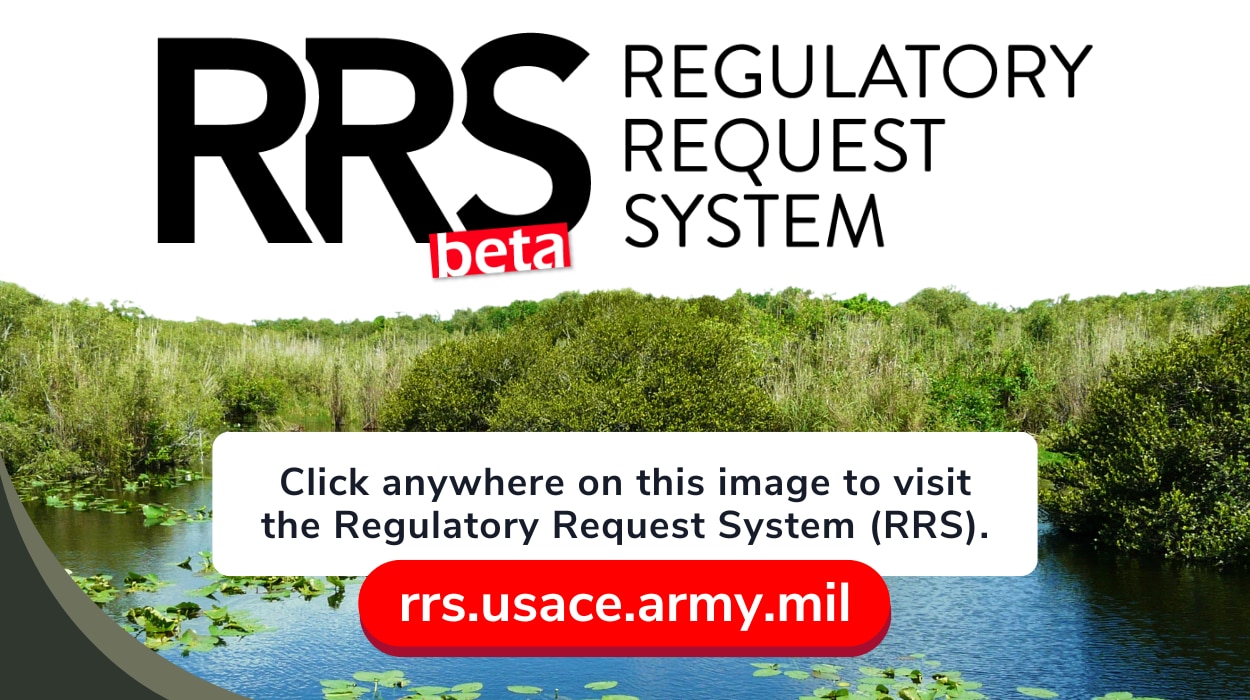 A logo for the Regulatory Request System in front of a wetland.
