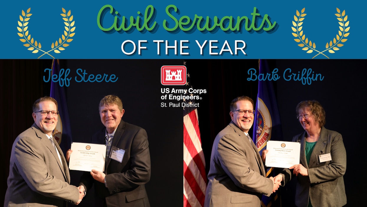 A graphic that says Civil Servants of the Year at the top with two photos of two people receiving an award from one person. There is an American flag. Over the man is his name, Jeff Steere, over the woman, Barb Griffin. The St. Paul District logo is in the center.