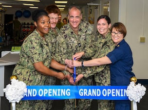 Capt. Kevin Brown, center, cuts the grand opening ribbon with, from left to right, Lt. Rudy Jones, Hospital Corpsman 2nd Class Cody Sapcut, Lt. Cmdr. Laura Riebel, and Cmdr. Clara Stevens, at the opening of the Warfighter Readiness and Rehabilitation Center on Marine Corps Base Camp Lejeune, May 13, 2024. Photo by Mass Communications Specialist second class Justin Woods