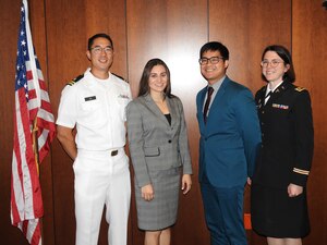 Presenters for the Robert A. Phillips research lab award for interns and residents included (from left) U.S. Navy Lt. (Dr.) Richard Lee, Dr. Jordyn Tumas, Dr. Julian Acasio and Army Maj. (Dr.) Susanne Jokajtys (Bailey K. Ashford Award presenter).