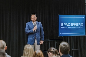 Arthur Grijalva, SpaceWERX Director, welcomes guests during opening remarks at the inaugural I2A Expo Day event in El Segundo, California, April 25, 2024.