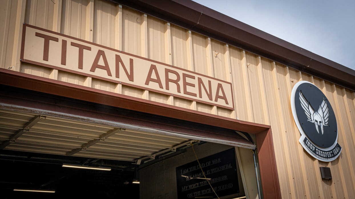 The Tactical Integrated Training and Nutrition (TITAN) Arena entrance sign welcomes personnel, April 18, 2024, at Luke Air Force base, Arizona.
