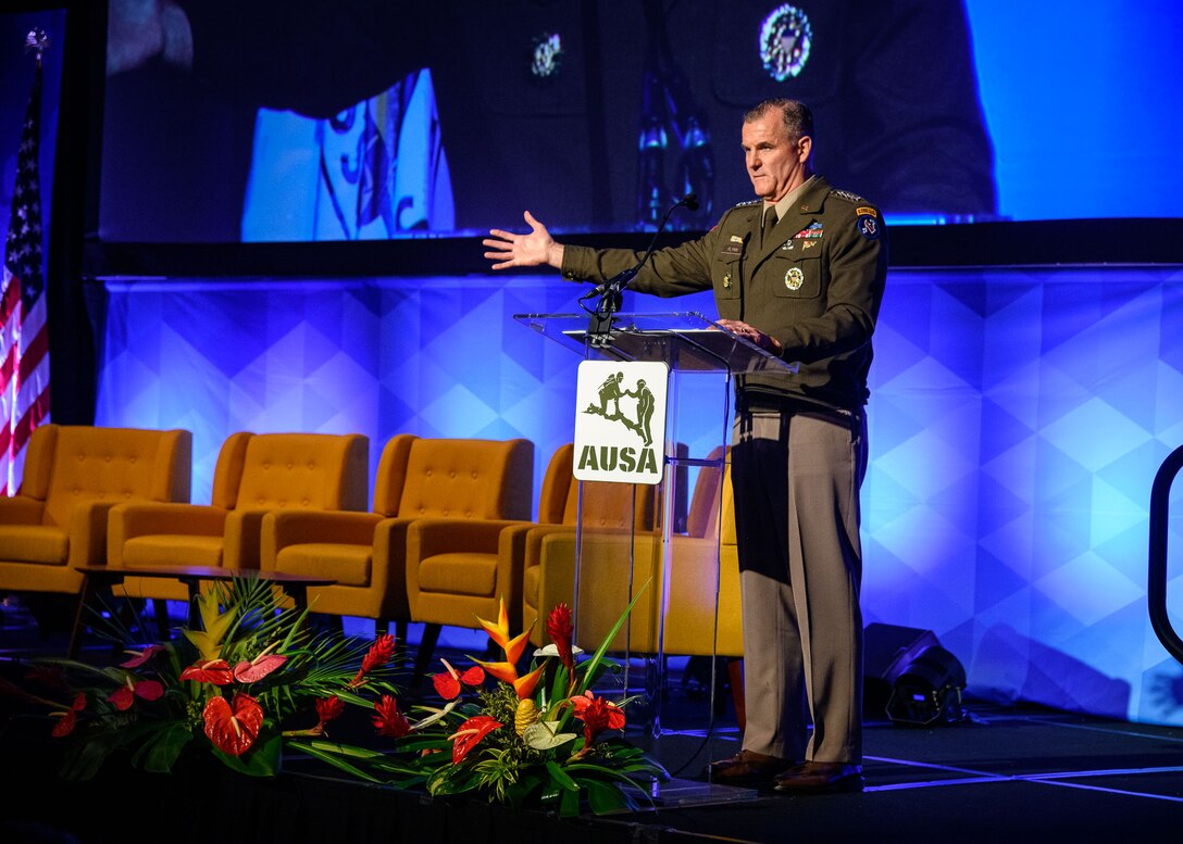 Gen. Charles Flynn, commander, U.S. Army Pacific, delivers opening remarks at the Landpower in the Pacific conference in Waikiki, Hawaii, May 14, 2024.  The conference, hosted by the Association of the U.S. Army, brings together representatives from armies from across the Indo-Pacific for leader development and professional discussion.