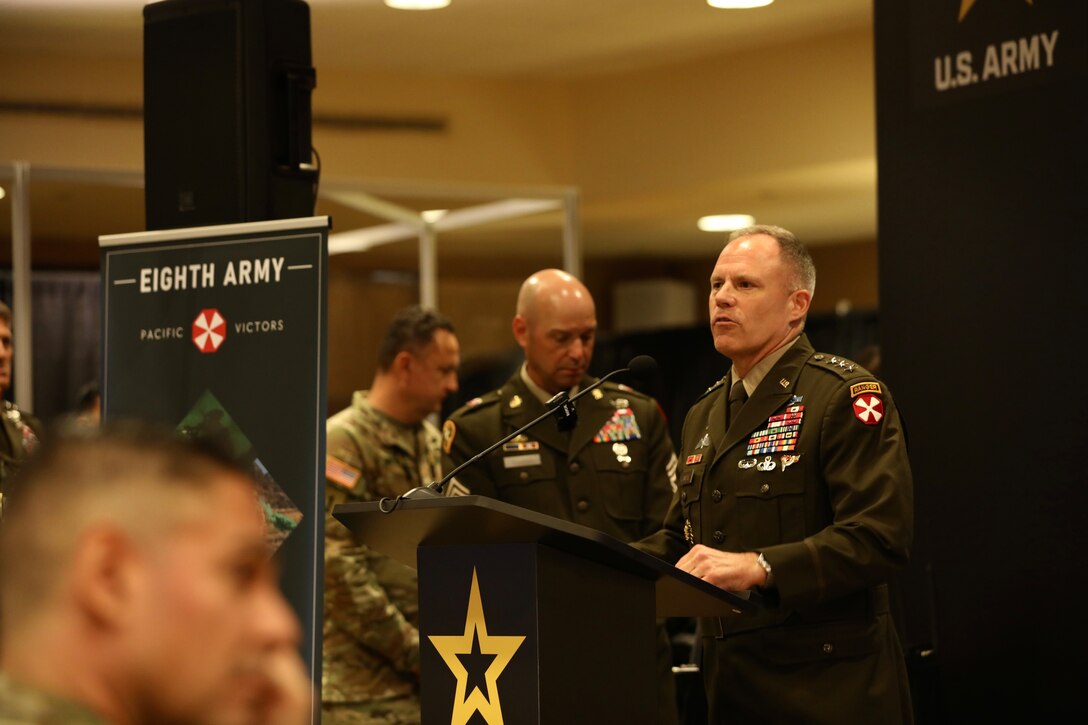 Lt. Gen. Christopher LaNeve, Eighth Army commanding general, discusses building readiness in the Pacific at the commander’s corner event during the Association of the United States Army Land Forces Pacific Symposium held at the Sheraton Waikiki, Hawaii, May 15, 2024. LANPAC is an international symposium and exhibition dedicated to land forces in the Indo-Pacific. The three-day event is May 14-16 and features a variety of discussions, briefings, emerging technologies and opportunities for attendees to discuss security interoperability throughout the Indo-Pacific region. (U.S. Army photo by Staff Sgt. Joel Salgado, Eighth Army Public Affairs)