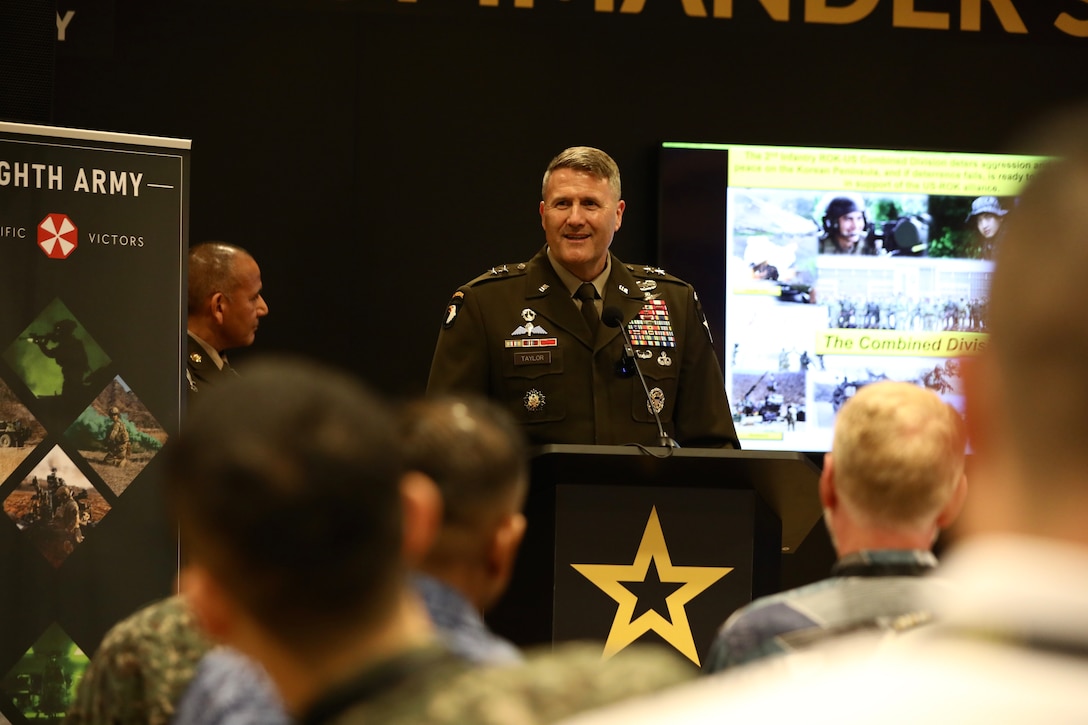 Maj. Gen. William Taylor, commander of 2nd Infantry Division, ROK/U.S. Combined Division, discusses building readiness in the Pacific at the commander’s corner event during the Association of the United States Army Land Forces Pacific Symposium held at the Sheraton Waikiki, Hawaii, May 15, 2024. LANPAC is an international symposium and exhibition dedicated to land forces in the Indo-Pacific. The three-day event is May 14-16 and will feature a variety of discussions, briefings, emerging technologies and opportunities for attendees to discuss security interoperability throughout the Indo-Pacific region. (U.S. Army photo by Staff Sgt. Joel Salgado, Eighth Army Public Affairs)
