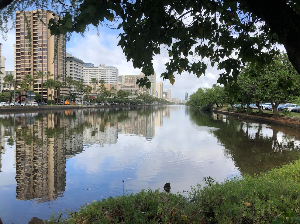 A view of the Ala Wai canal from the Ala Wai Golf Course.