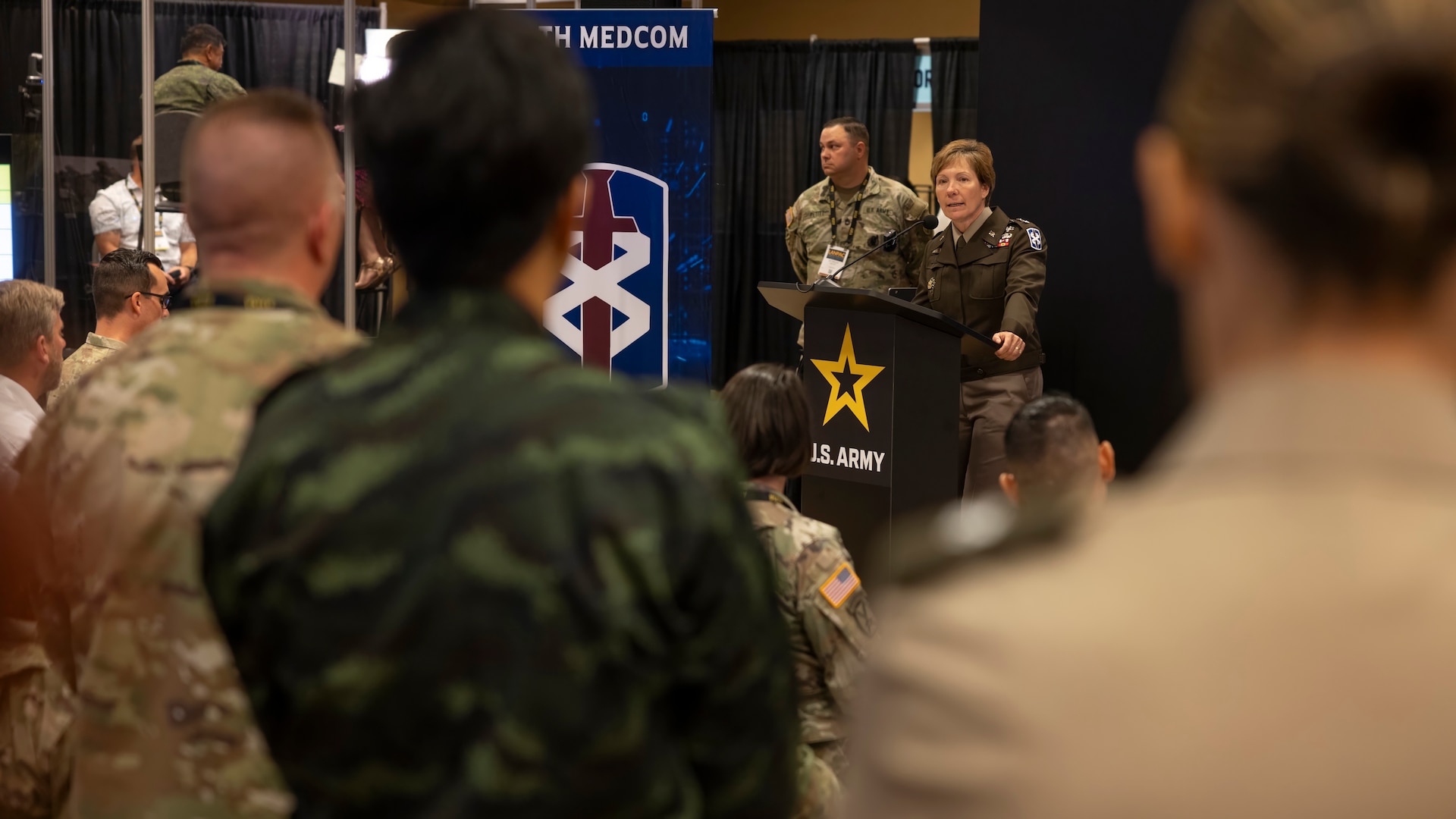 18th Medical Command Commanding General Paula Lodi discusses Army Medicine in the Indo-Pacific Region during Land Forces Pacific 2024 in Honolulu, Hawaii, May 14, 2024. 18th MEDCOM sets the Joint theater for medical operations while increasing its strategic posture by synchronizing and coordinating health service support and medical logistics across its more than 4,000 square mile area of responsibility.