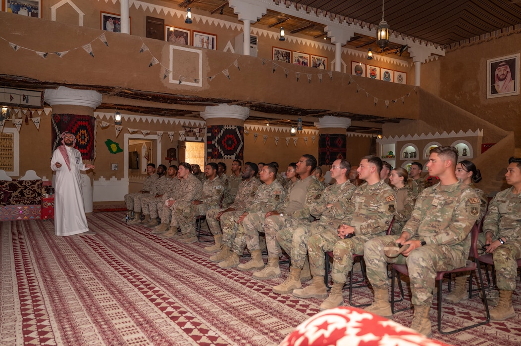 U.S. Air Force Airmen assigned to the 378th Air Expeditionary Wing attend a cultural brief during a Saudi Arabian Culture Day at an undisclosed location within the U.S. Central Command area of responsibility, May 11, 2024. Culture day was a collaborative effort between the Scientist's Gift Program, local members of the Royal Saudi Air Force and the 378th AEW Host Nation Coordination Cell to provide an opportunity to learn about the history, culture and traditions of Saudi Arabia. (U.S. Air Force photo)