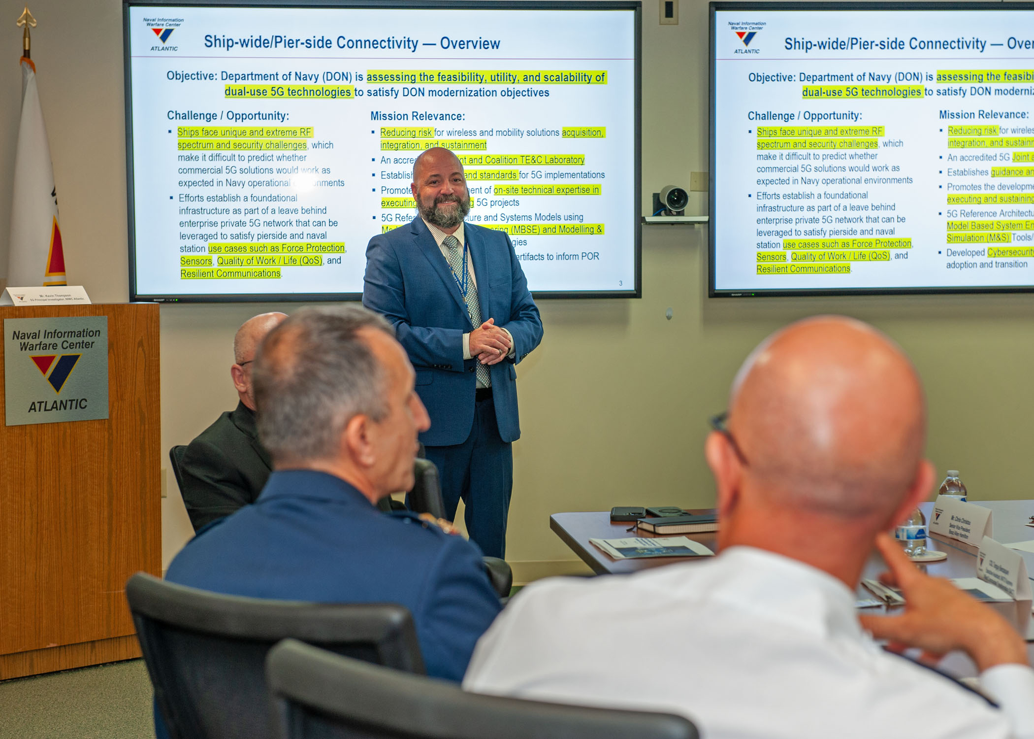 Kevin F. Thompson, NIWC Atlantic Senior Engineer and ARC Laboratory Director, led the tour and the associated brief of the lab's purpose and capabilities, which was also attended by NIWC Atlantic Executive Officer, Cmdr. Anthony Cagle and several other members of local leadership.