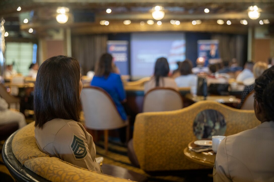 U.S. Marine Corps Gunnery Sgt. Karen Alvarez, admin chief with the 4th Civil Affairs Group, attends the Salute to Women in the Military event hosted by Carnival Cruise Line at PortMiami, May 10, 2024, as a part of Fleet Week Miami. Fleet Weeks are a tradition of the U.S. Navy, Marine Corps and Coast Guard, where major U.S. cities host Marines, Sailors, and Coast Guardsmen for one week of community-wide events. Fleet Week Miami, in its first year, is an opportunity for residents and visitors to meet with service members, foster community relationships, and view the latest capabilities of today's maritime services. (U.S. Marine Corps photo by Cpl. Jacquilyn Davis)