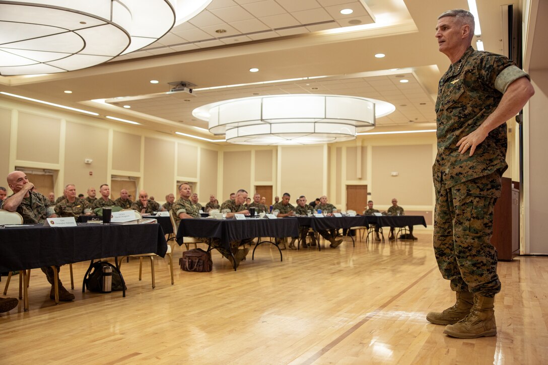 U.S. Marine Corps General Christopher Mahoney, the Assistant Commandant of the Marine Corps, addresses Marines with II Marine Expeditionary Force (II MEF) during a Senior Leaders Conference on Marine Corps Base Camp Lejeune, North Carolina, May 14, 2024. The Senior Leaders Conference, hosted by the II MEF commanding general, Lt. Gen. David Ottignon, provides senior commanders and enlisted leaders an opportunity to discuss future developments for II MEF and its subordinate commands. (U.S. Marine Corps photo by Lance Cpl. Jack Labrador)