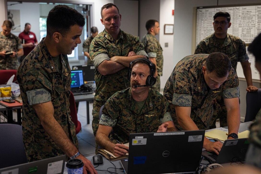 U.S. Marines with 2d Marine Regiment, 2d Marine Division participate in a simulated air assault during the Inventory Collective Event (ICE) 5-24 on Camp Lejeune, North Carolina, May 8, 2024. Marine Air-Ground Task Force Training Command conducted ICE 5-24 for 2nd Marine Regiment’s Integrated Training Exercise Task Force to improve planning, coordination, and understanding of capabilities in a distributed Live Virtual Constructive Training Environment in preparation for Service Level Training Exercise 5-24. (U.S. Marine Corps photo by Cpl. Alexis Sanchez)