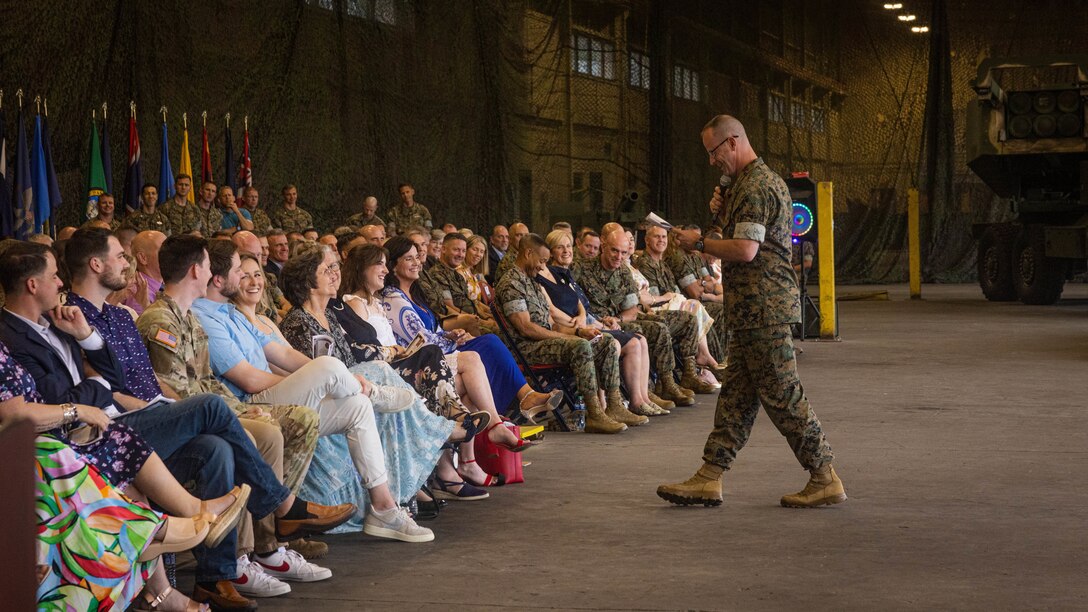 U.S. Marine Corps Col. Robert J. Hallett, a Spotsylvania, Virginia native and the assistant division commander of 2d Marine Division, delivers a speech during his retirement ceremony on Camp Lejeune, North Carolina, May 10, 2024. The ceremony is hosted by 10th Marine Regiment to honor Hallett's 32 years of long and faithful service. (U.S. Marine Corps photo by Lance Cpl. Allegra Catalan-Dyson)